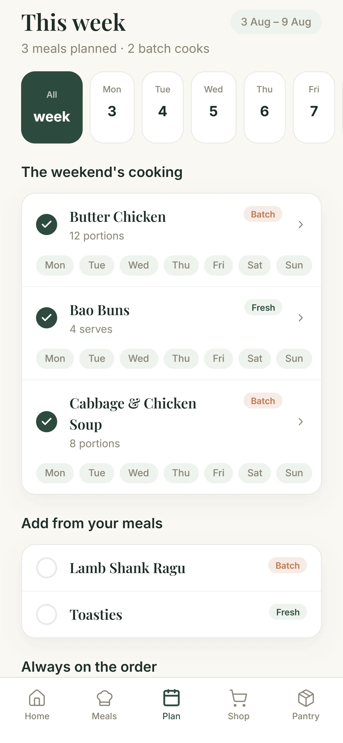 The week's plan, with three meals and two batch cooks