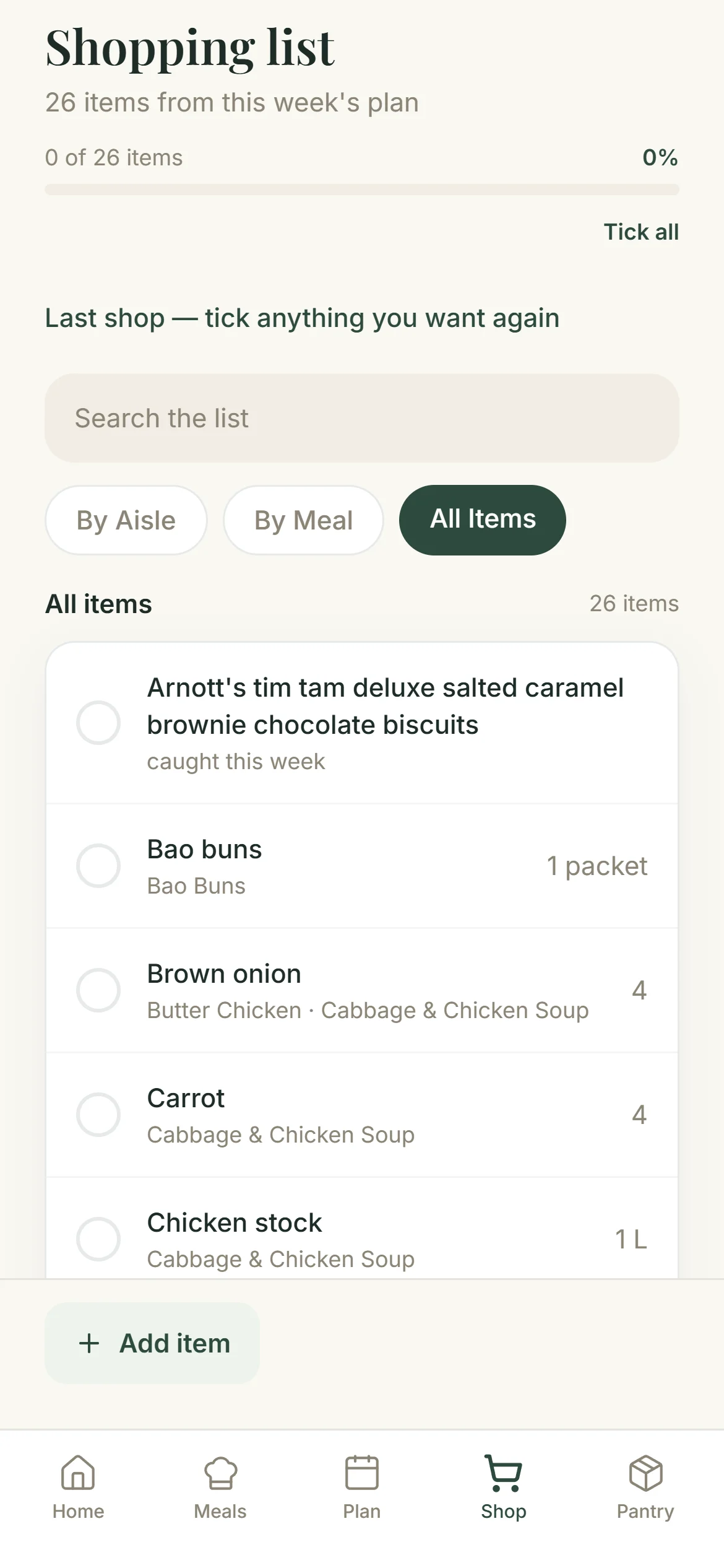 A shopping list of 26 items, grouped and ready for the shop